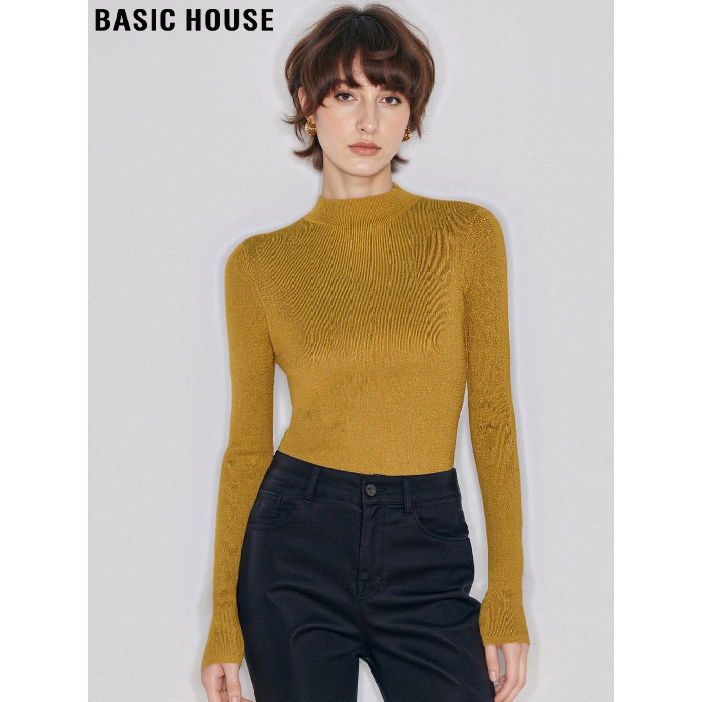 Basic House/百家好黄色半高领针织衫女冬季内搭修身软糯打底毛衣,女装/女士精品,毛针织衫,淘宝优惠券,粉丝福利购,淘宝优惠卷