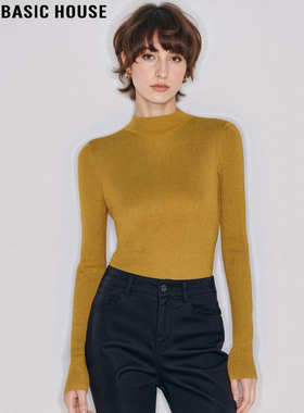 Basic House/百家好黄色半高领针织衫女冬季内搭修身软糯打底毛衣