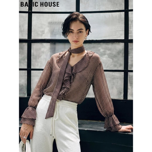 Basic House/百家好格纹飘带荷叶边喇叭袖雪纺衬衫女2026春季新款