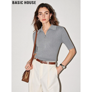 半拉链冰丝半袖 Basic T恤女士夏季 百家好灰色翻领短袖 上衣 House