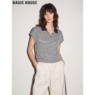 T恤女夏季 百家好天丝条纹针织短袖 翻领冰丝体恤上衣 House Basic
