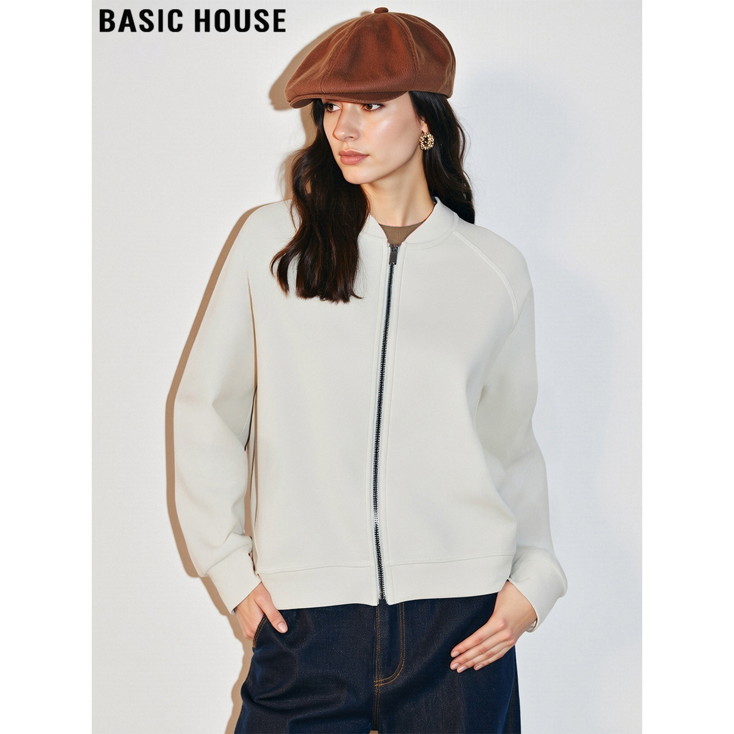 百家好米色圆领卫衣外套女慵懒风