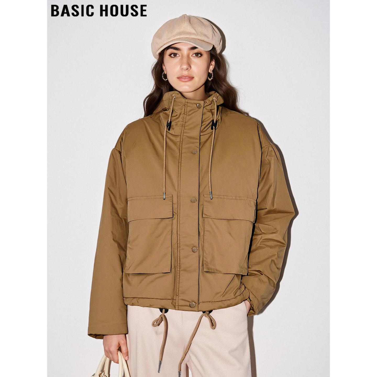 美式卡其色加厚连帽工装棉服外套