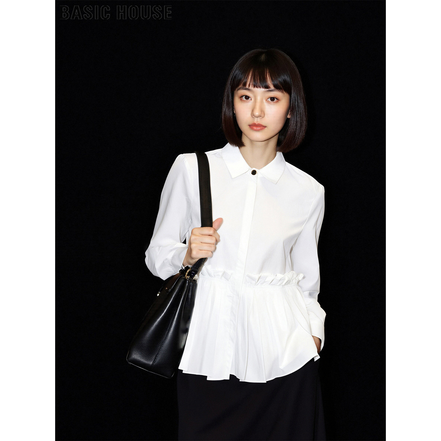 百家好褶皱收腰白色衬衫翻领内搭