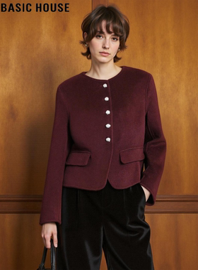 Basic House/百家好红色圆领羊毛呢外套女冬季高级感气质加厚开衫