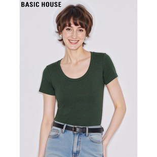通勤修身 Basic T恤女夏季 百家好复古绿色圆领短袖 显瘦上衣 House