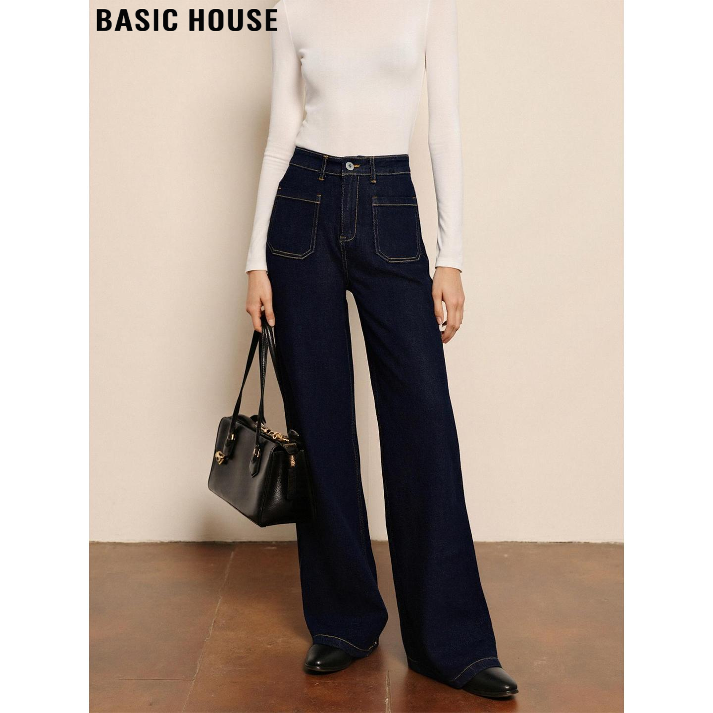 Basic House/百家好复古蓝色加绒牛仔裤双口袋设计直筒阔腿裤女冬,女装/女士精品,牛仔裤,淘宝优惠券,粉丝福利购,淘宝优惠卷