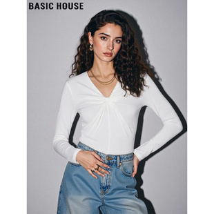 新款 Basic T恤女2026春季 百家好设计感扭结V领长袖 白色上衣 House