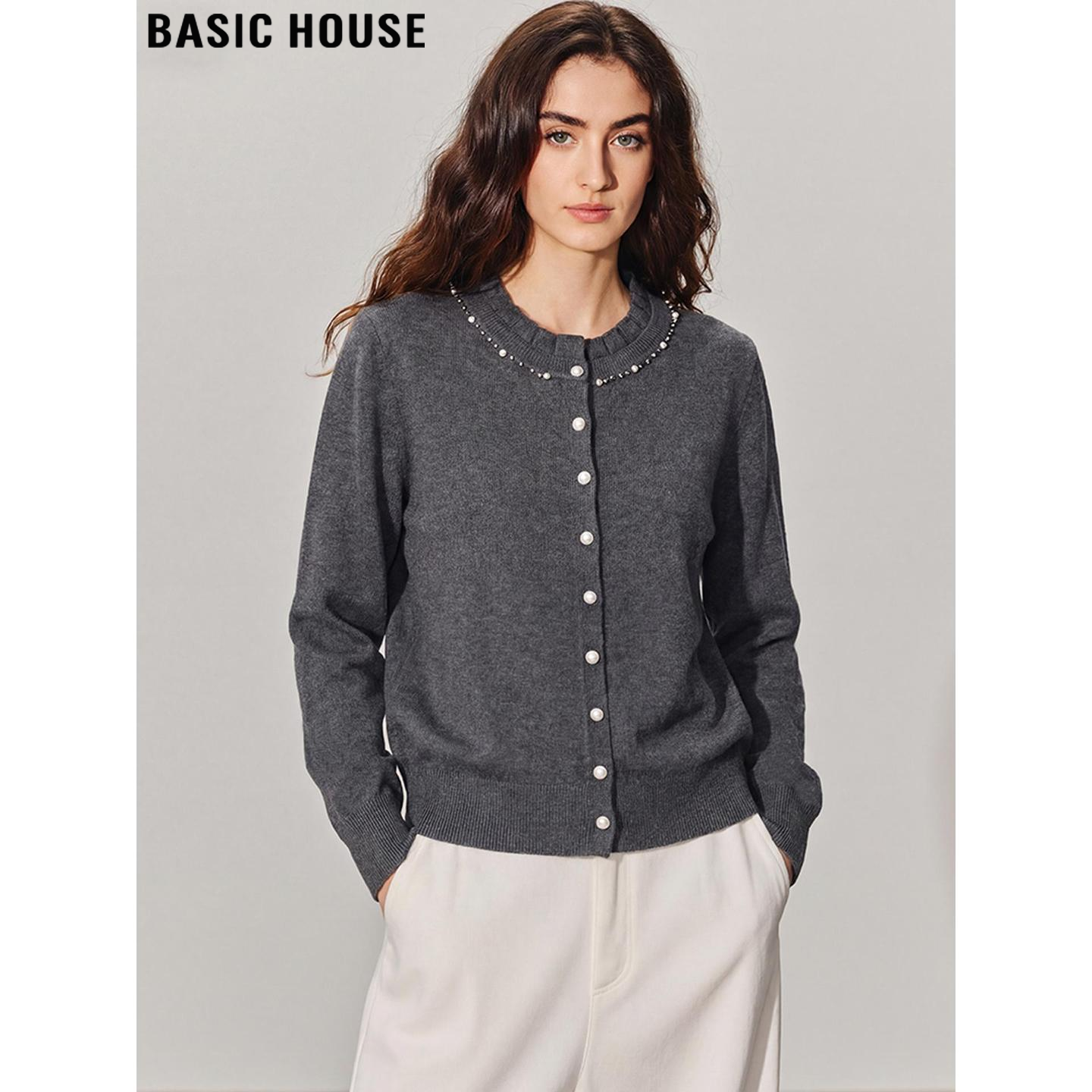 Basic House/百家好钉珠针织开衫女2026春季新款舒适软糯圆领外套,女装/女士精品,毛衣,淘宝优惠券,粉丝福利购,淘宝优惠卷