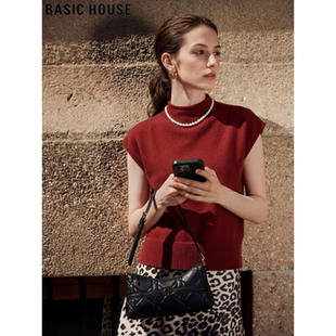 女夏季 Basic 针织衫 百家好高级红色冰丝短袖 半高领羊毛上衣 House
