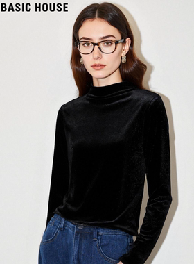 Basic House/百家好金丝绒黑色半高领T恤女2026春季新款长袖上衣