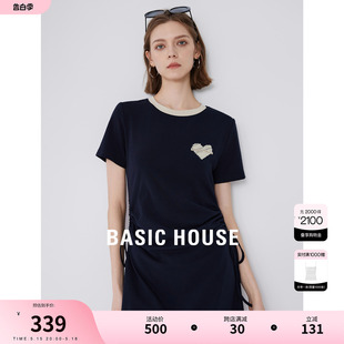 新款 Basic 百家好撞色爱心T恤裙子2024夏季 连衣裙女 House 中长款