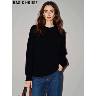 女春季 百家好100%羊毛黑色圆领针织衫 松弛感软糯毛衣 House Basic