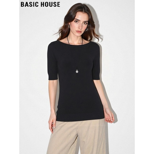 House 冰丝半袖 百家好一字领针织短袖 薄款 上衣 T恤女士夏季 Basic