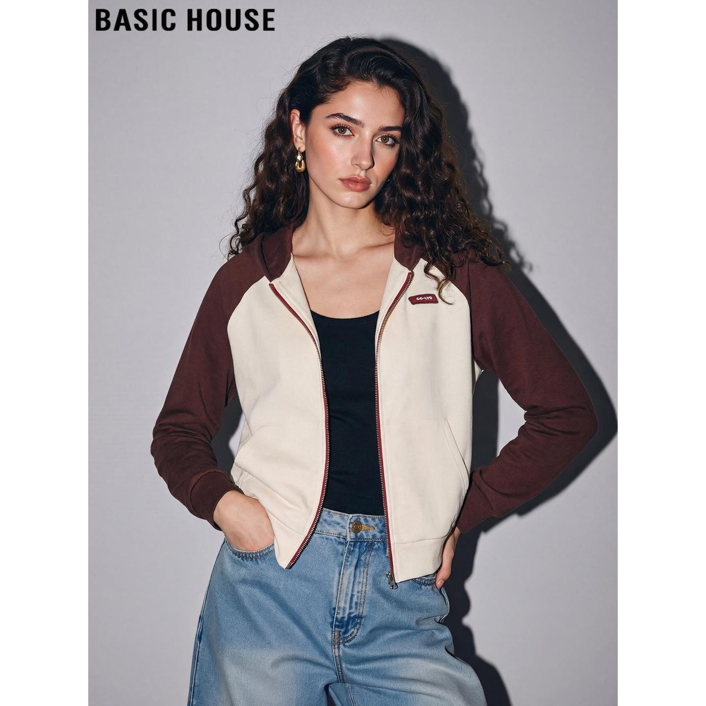 Basic House/百家好时尚撞色连帽拉链外套女2026春季新款短款卫衣,女装/女士精品,卫衣/绒衫,淘宝优惠券,粉丝福利购,淘宝优惠卷