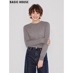 Basic House/百家好100%羊毛衫软糯内搭针织衫女冬季驼色打底上衣