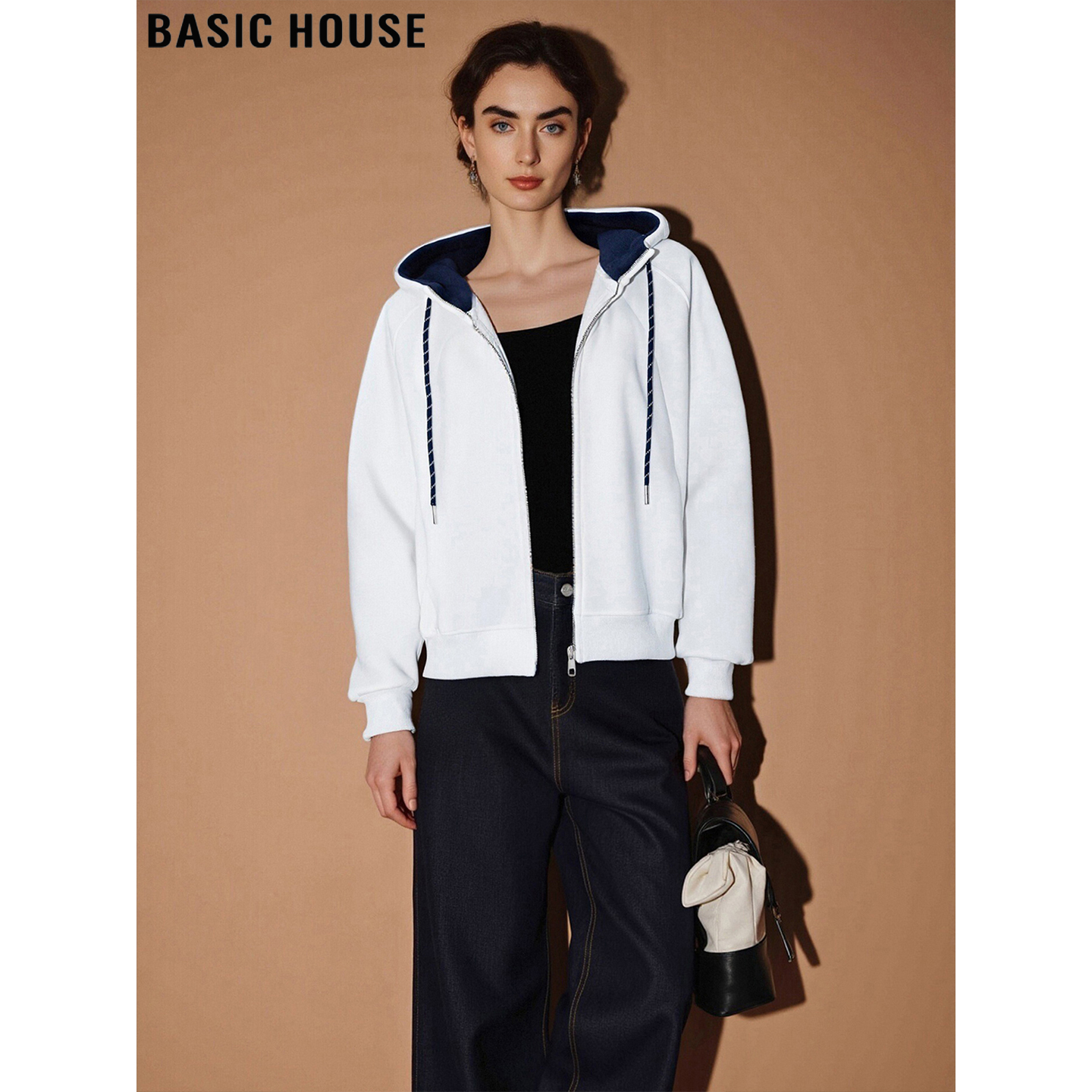 百家好白色抽绳连帽拉链外套女