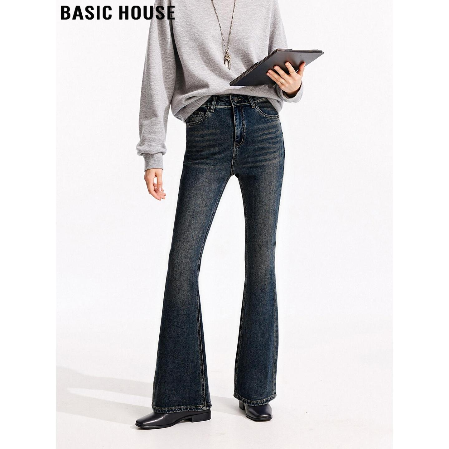 复古高腰微喇牛仔裤修身喇叭裤女