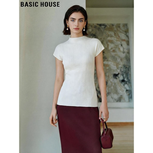 House 冰丝针织衫 百家好白色半高领短袖 气质修身 T恤女夏季 Basic