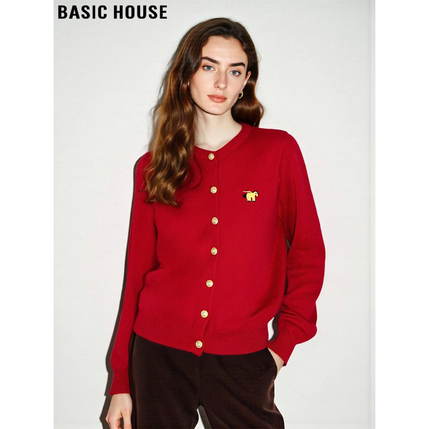 Basic House/百家好新年红小马刺绣圆领针织衫女冬季修身软糯毛衣,女装/女士精品,毛针织衫,淘宝优惠券,粉丝福利购,淘宝优惠卷