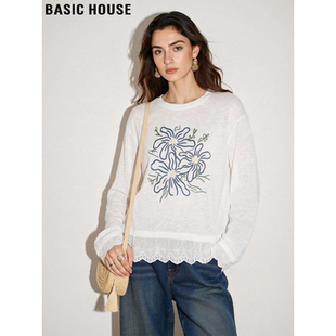 T恤女士春季 百家好蕾丝拼接长袖 宽松假两件印花上衣 House Basic