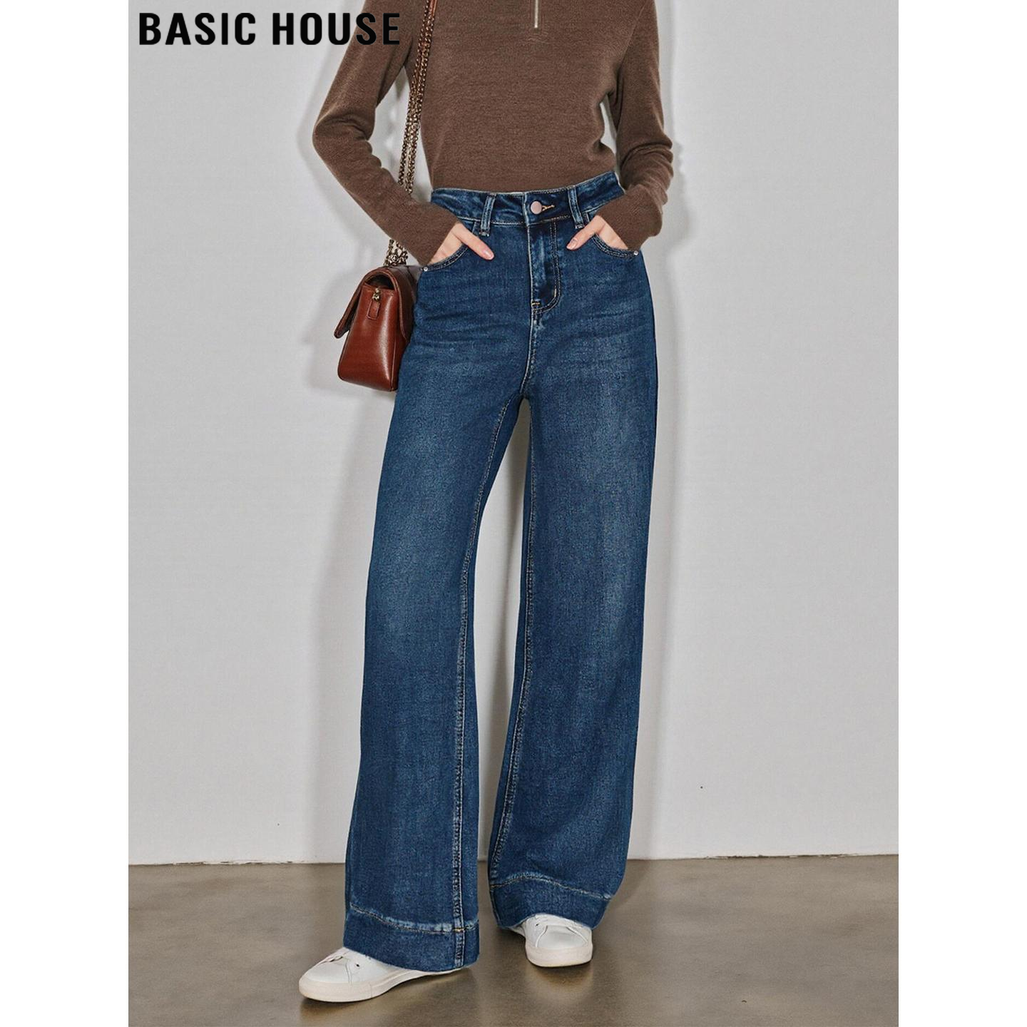 百家好蓝色窄版直筒裤牛仔裤女