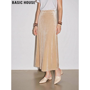 新款 百家好杏色丝绒半身裙女2026春季 高腰垂感中长裙 House Basic