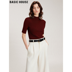 Basic House/百家好酒红色半高领针织打底衫女士2026春季内搭上衣