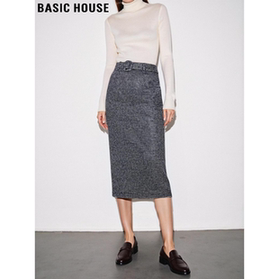 Basic House/百家好高级感格纹毛呢半身裙女冬季加厚中长款包臀裙