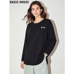 Basic House/百家好中长款弧形下摆长袖T恤女春季新款宽松打底衫
