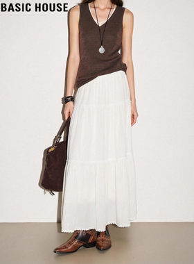 Basic House/百家好法式白色蛋糕裙女2026春季新款高腰A字半身裙