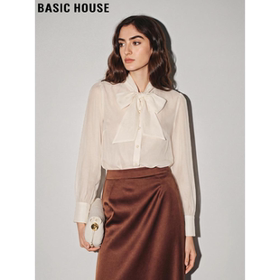 House 法式 百家好系带领天丝衬衫 新款 米白色上衣 女2026春季 Basic