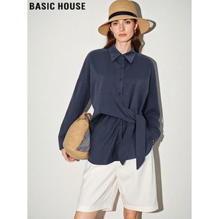 Basic House/百家好设计感收腰绑带衬衫女2026春季新款POLO领衬衣