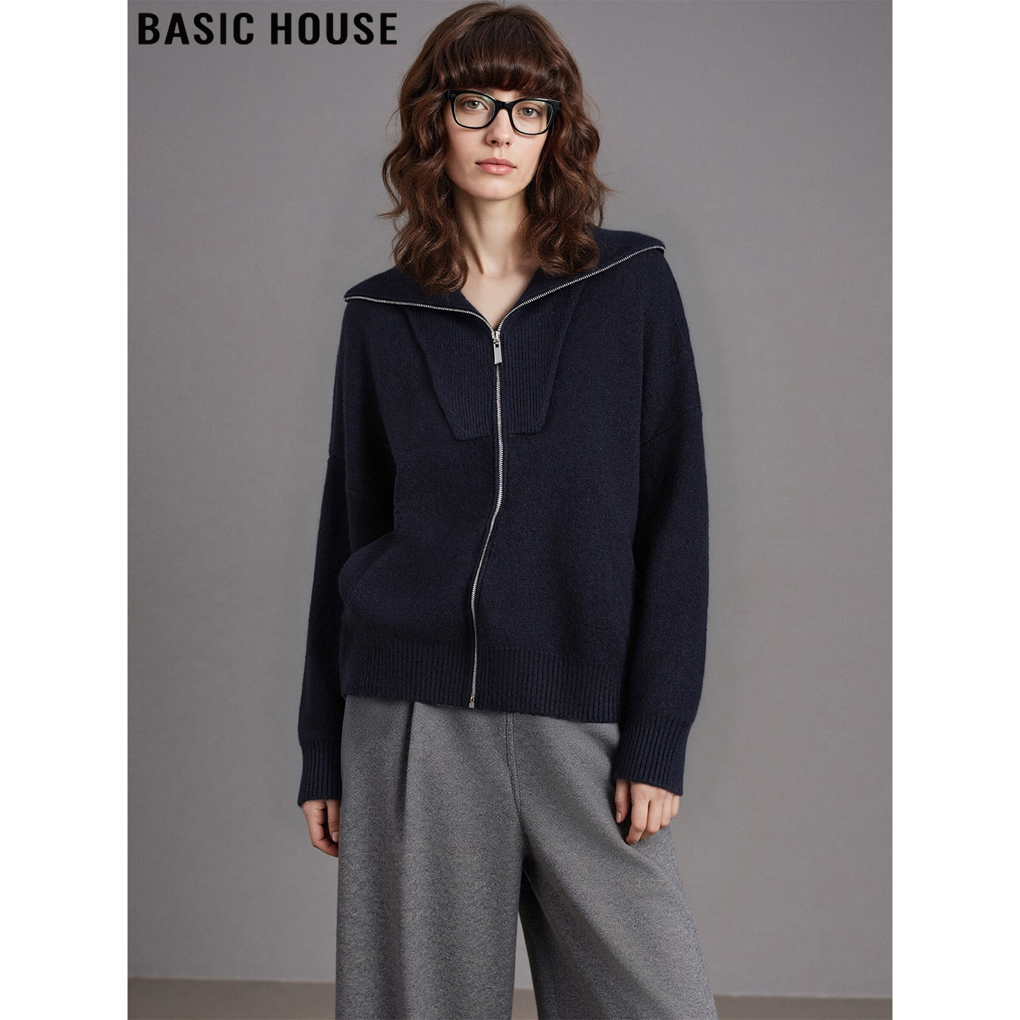 百家好藏蓝色翻领毛衣外套针织衫