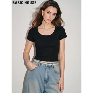 House 显瘦短袖 百家好黑色U领短款 修身 T恤 露肚脐上衣女夏季 Basic