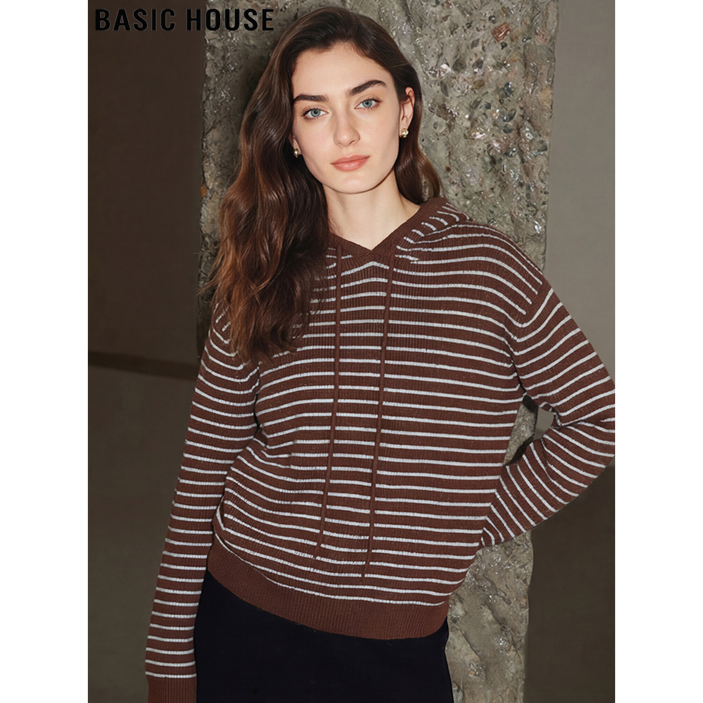 设计感条纹连帽针织衫长袖上衣女