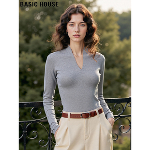 女2026春季 百家好灰色V领打底衫 新款 修身 T恤上衣 Basic 长袖 House