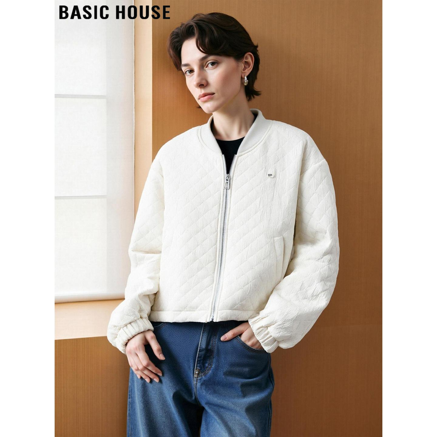 米白色菱格棉衣外套夹棉棒球服女