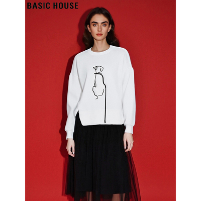 百家好小狗印花白色圆领卫衣女