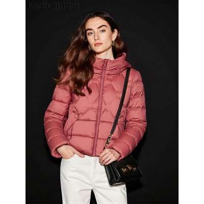 百家好赤沙红连帽90鸭绒羽绒服女