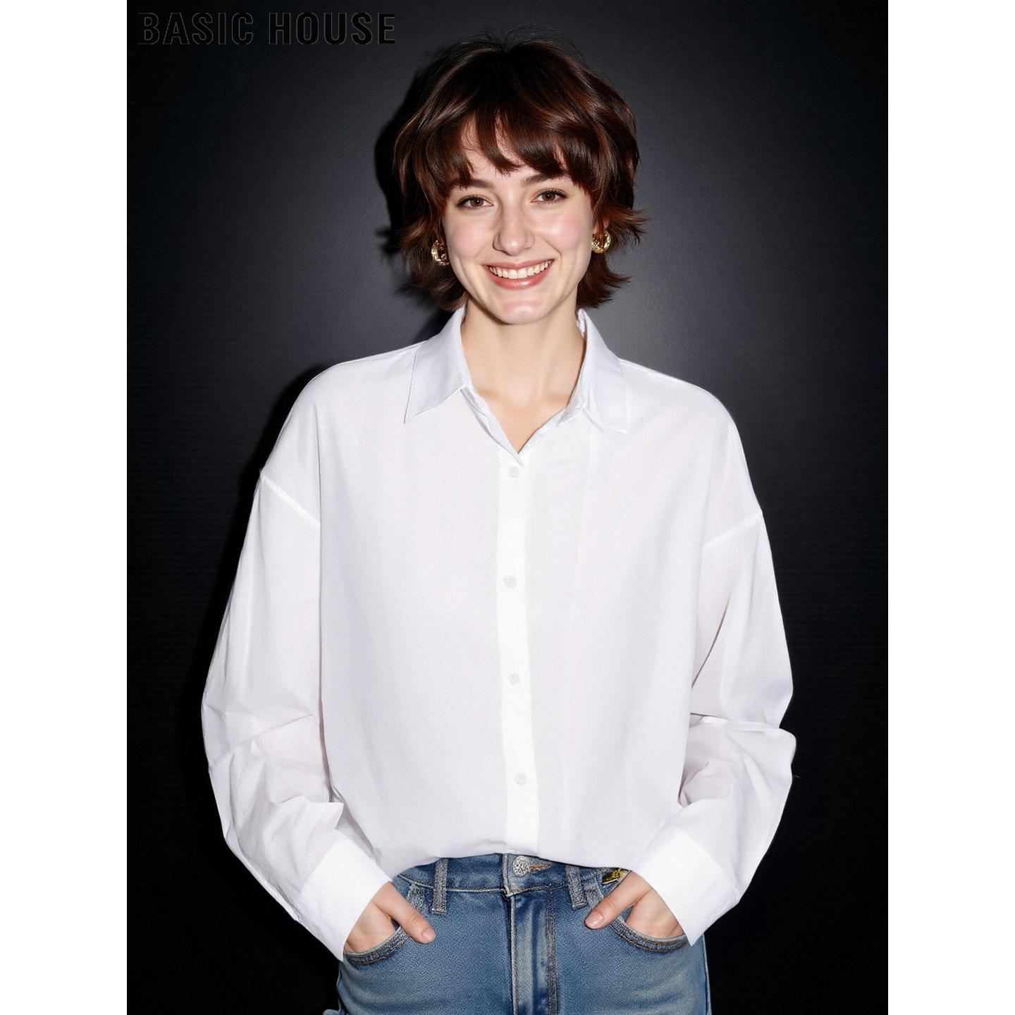 百家好白色长袖衬衫女中长款叠穿