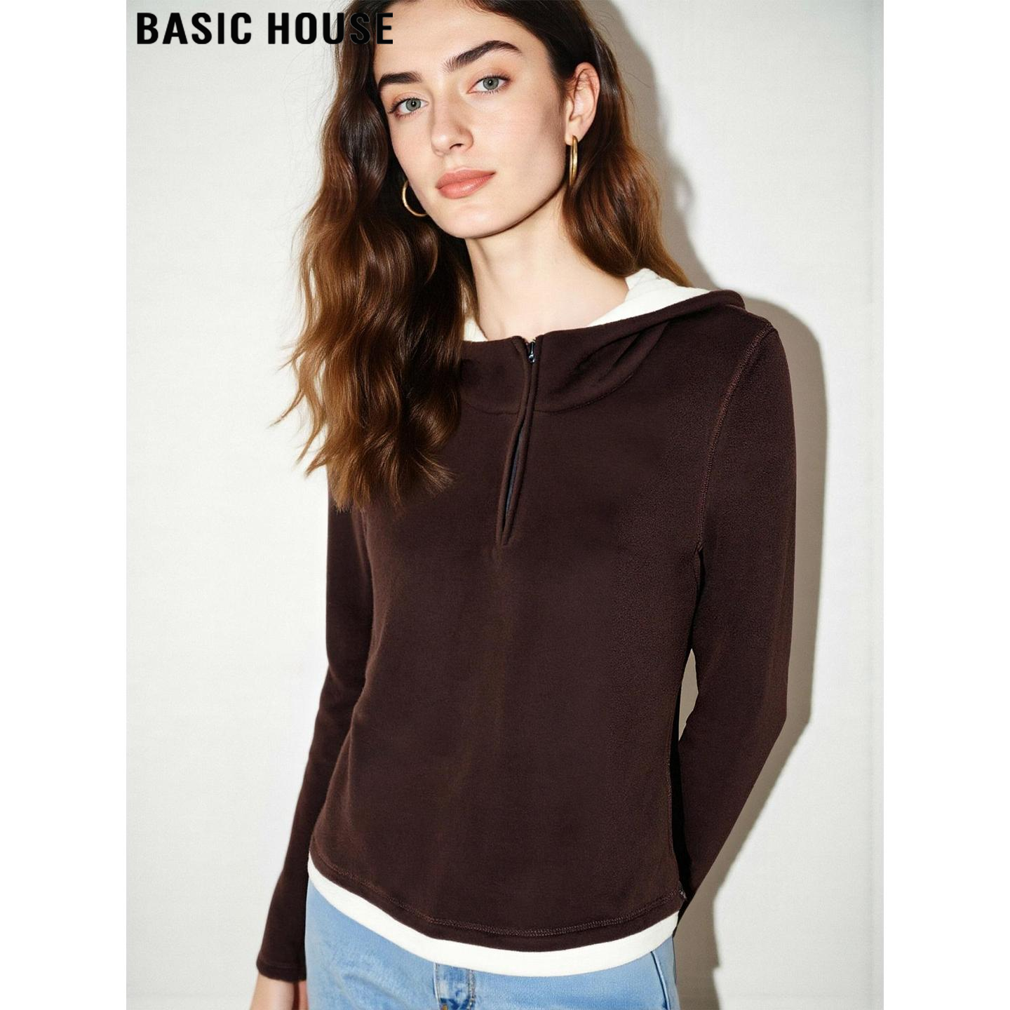 Basic House/百家好拼色假两件连帽卫衣女士冬季加厚修身内搭上衣,女装/女士精品,卫衣/绒衫,淘宝优惠券,粉丝福利购,淘宝优惠卷