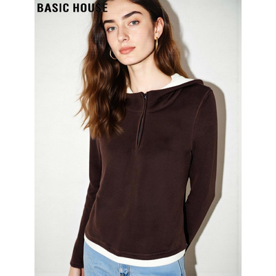 拼色假两件连帽卫衣修身内搭上衣