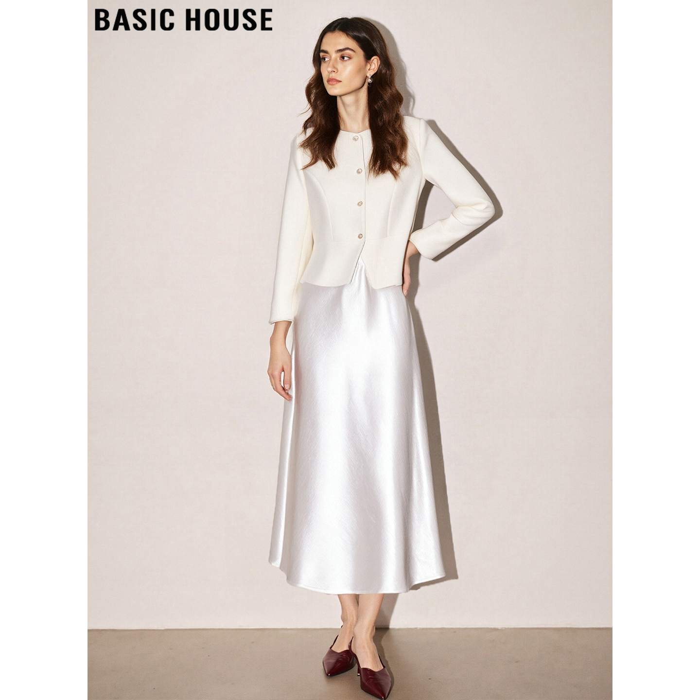 百家好小香风米白色粗花呢套装女