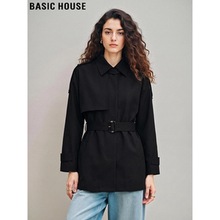Basic House/百家好英伦风黑色系带风衣外套女2026春季新款中长款
