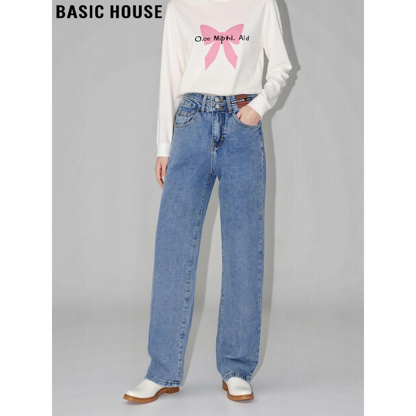 复古蓝色加绒阔腿牛仔裤女高腰