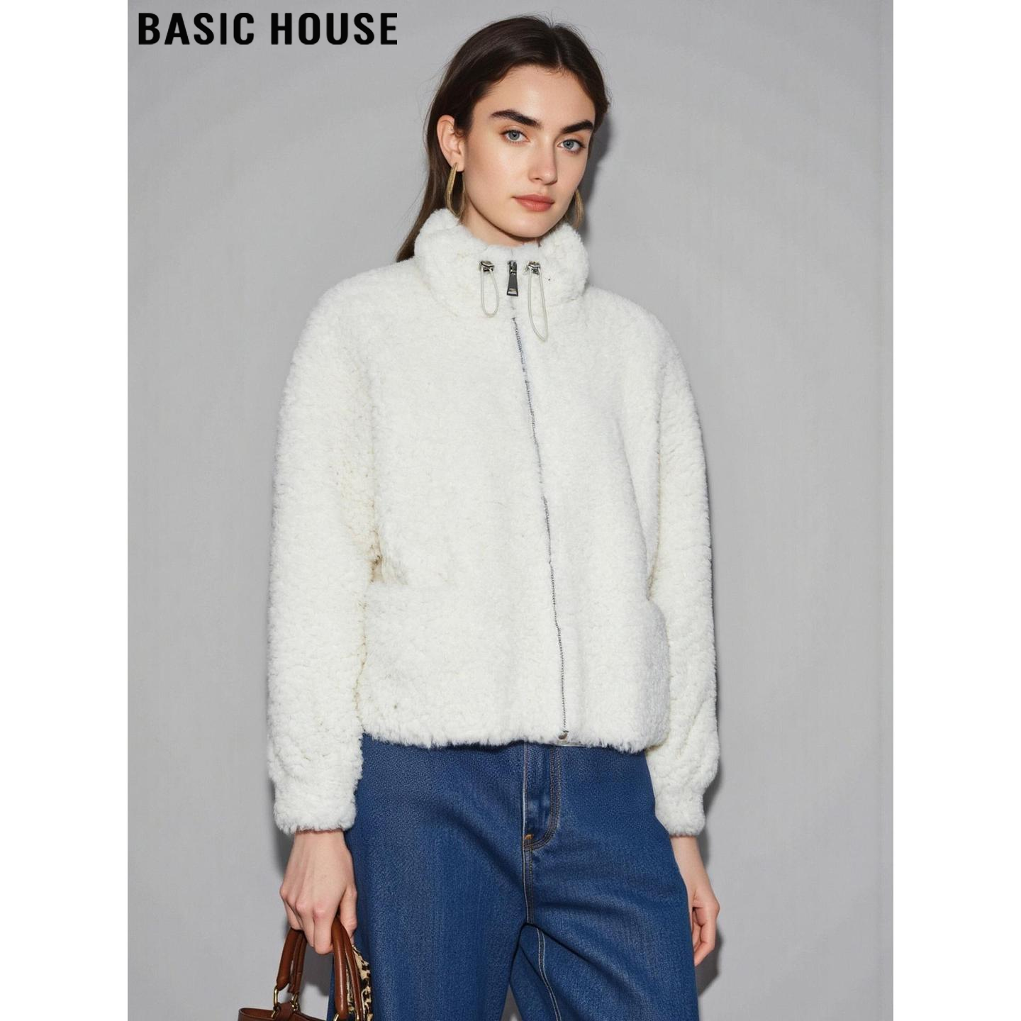 白色立领环保皮草短款毛绒绒外套