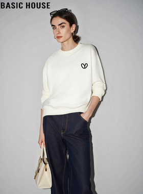 Basic House/百家好白色圆领加绒卫衣女2025冬季新款宽松套头上衣