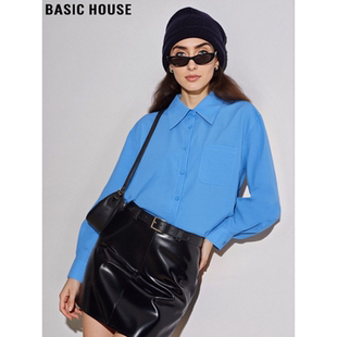 Basic House/百家好蓝色翻领衬衫女2026春季新款叠穿长袖内搭上衣