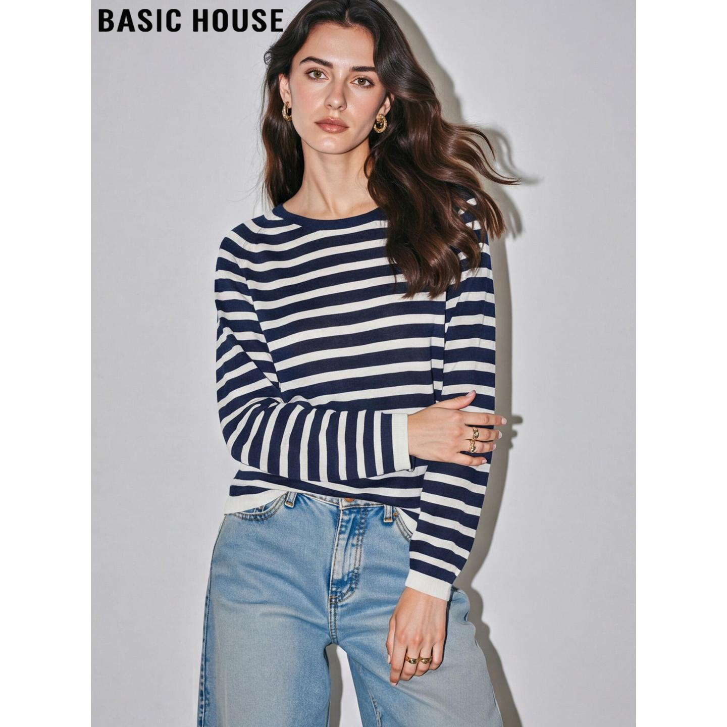 Basic House/百家好撞色条纹天丝针织衫女2026春季新款通勤风上衣,女装/女士精品,毛针织衫,淘宝优惠券,粉丝福利购,淘宝优惠卷